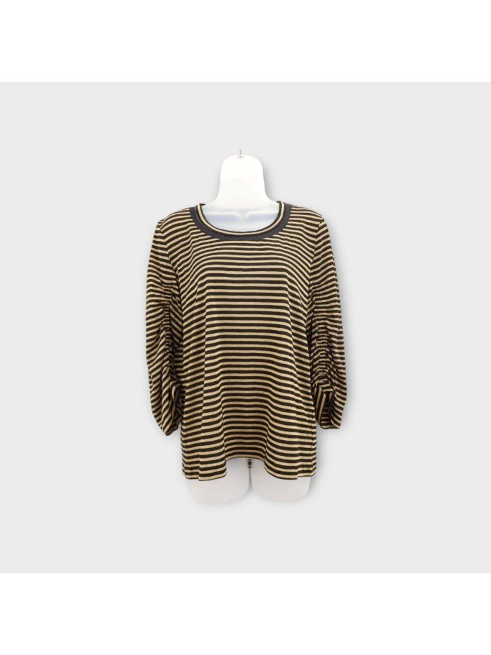Donna Karan Black Gold Stripe Ruched Sleeve Relaxed Top Size S Sparkly